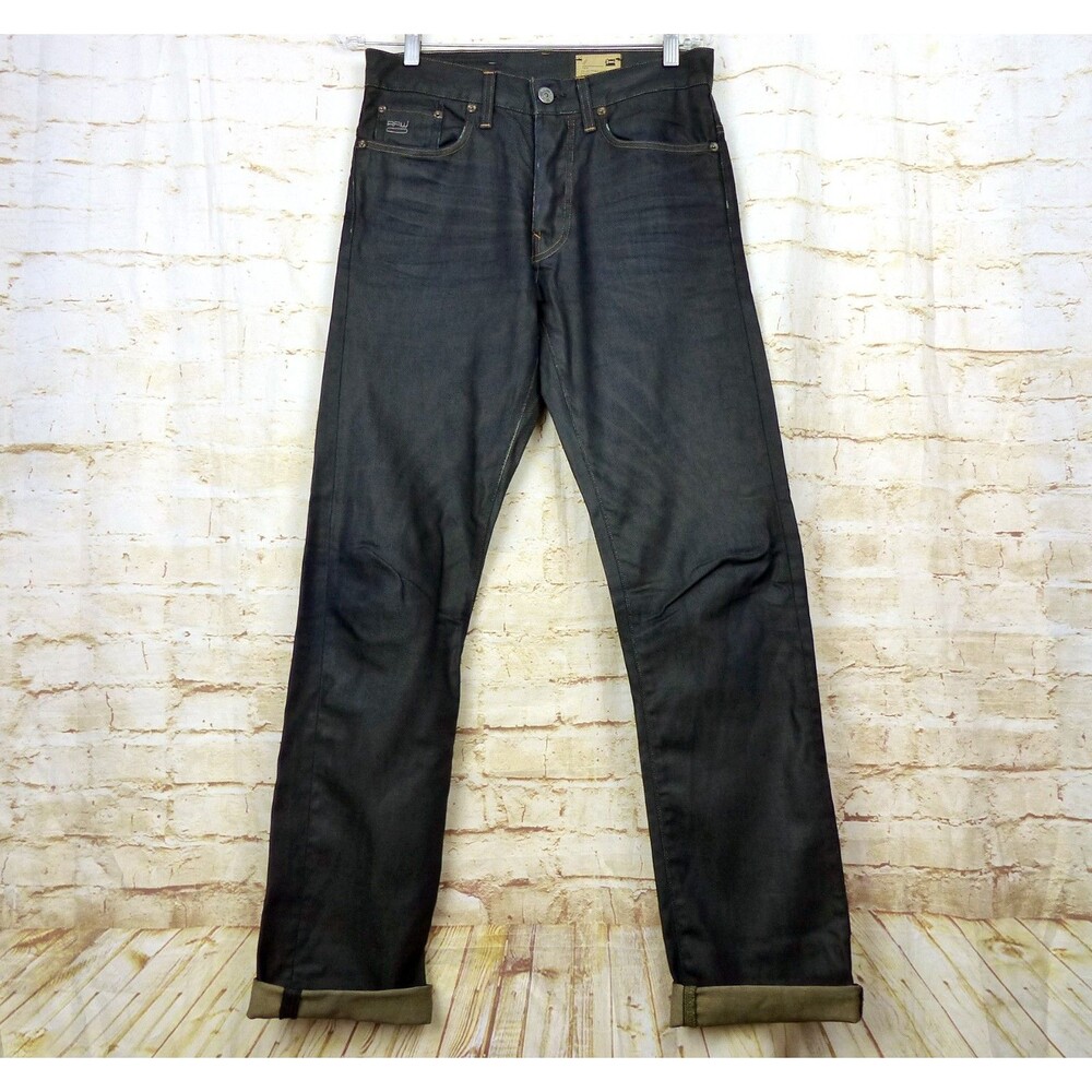 G-Star Raw 3301 Slim Jeans Mens 30x34 Dark Waxed Coated Denim Button Fly Italy